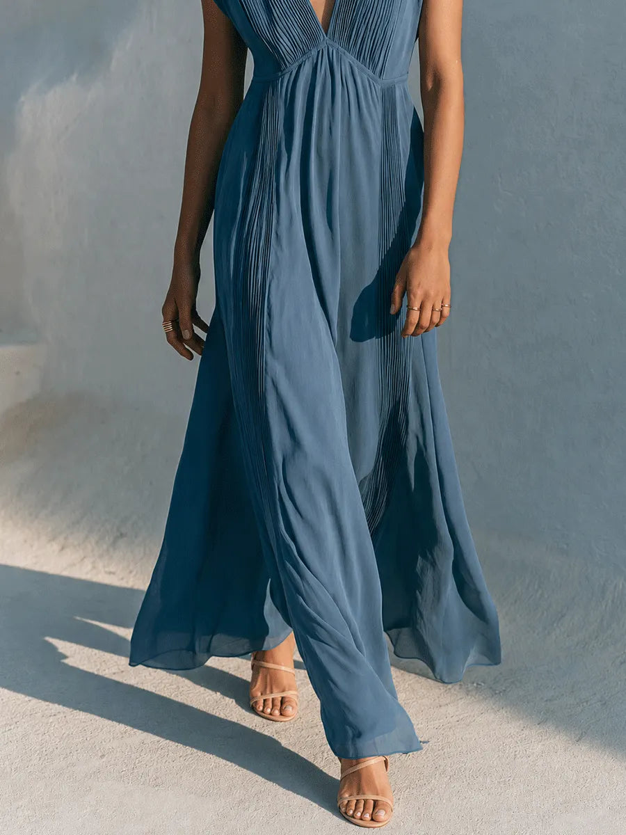 Elegant Resort Chiffon Pleated Deep-V Flowy Dusty Blue Maxi Dress