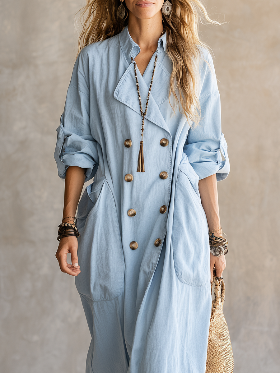 Casual Light Blue Double-breasted Trench Coat
