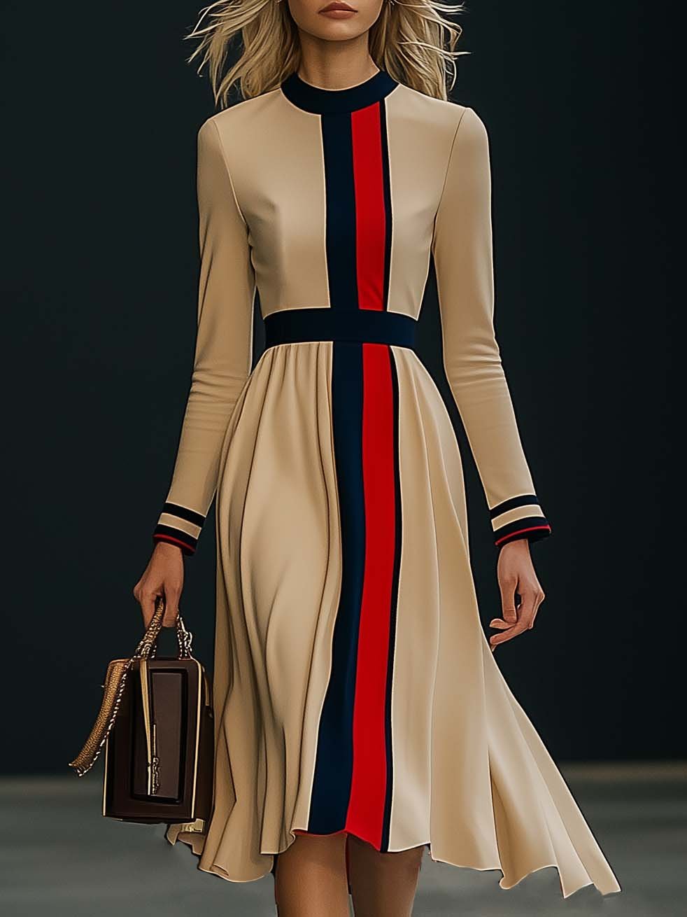 [24-hour shipping out]Elegant Colorblock Long Sleeve Midi Dress