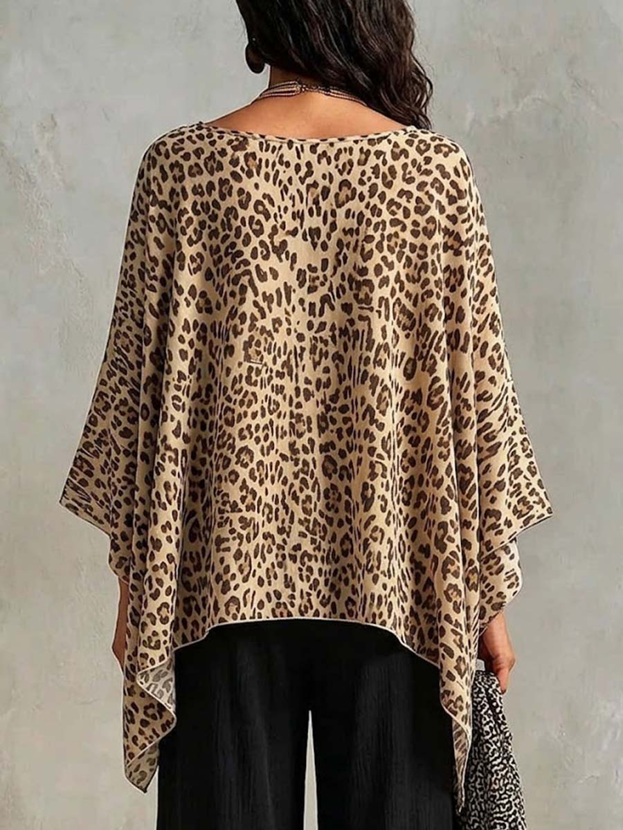 Women's Vintage Leopard Print V-neck 3/4-sleeve Casual Loose Cotton-linen Top