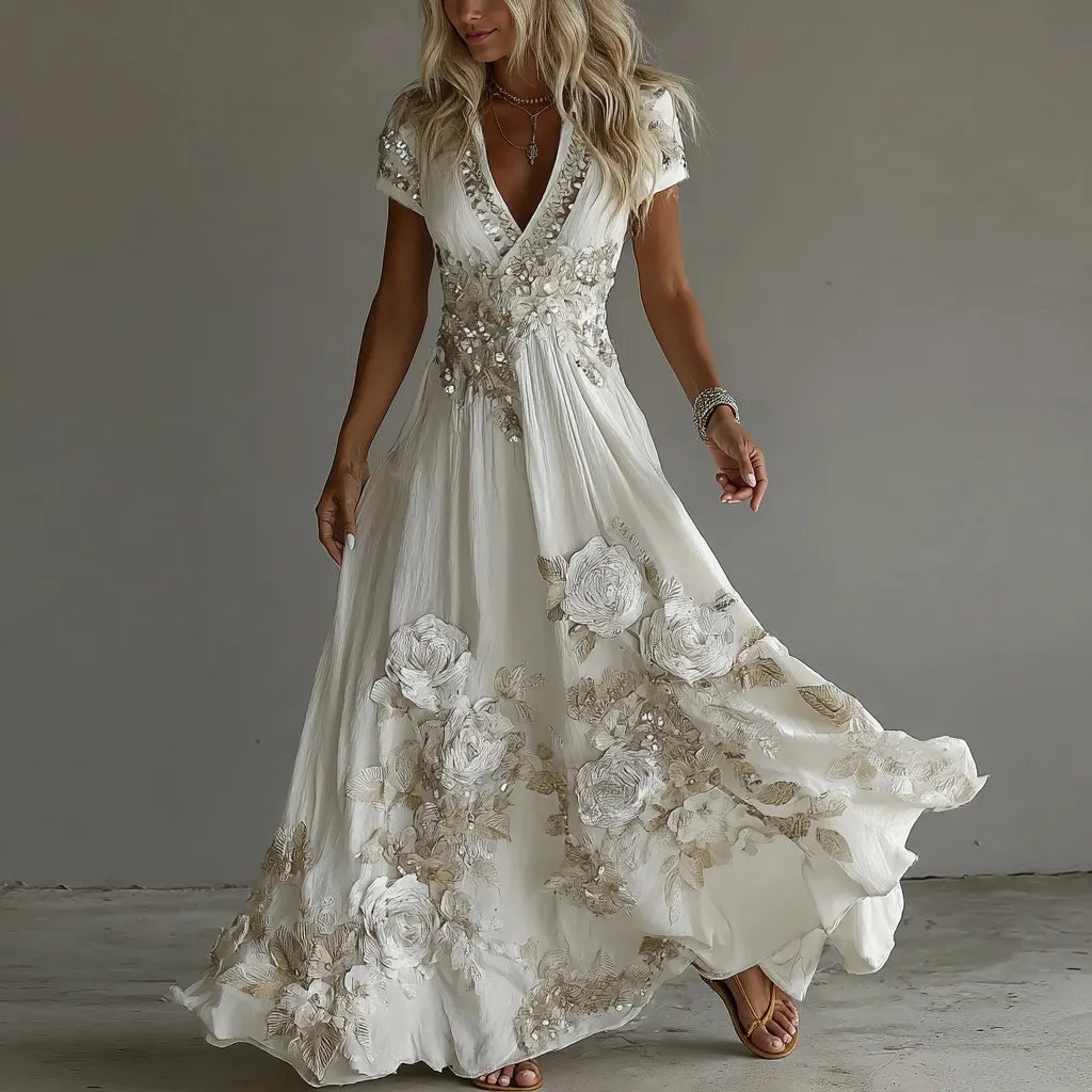 Women's Vintage Boho Floral Art  Short-sleeved Maxi Dress