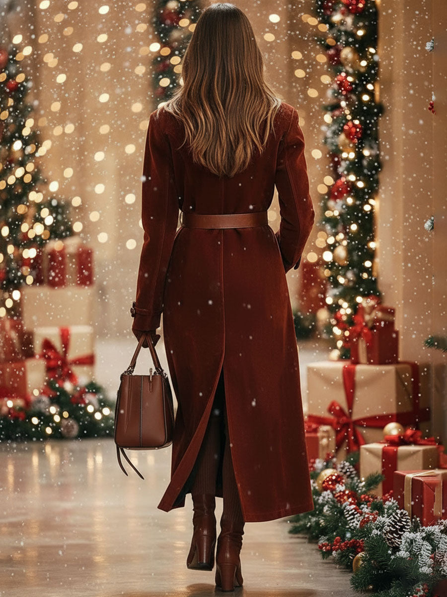 [24-hour shipping out]Casual Loose Vintage Angora Red Suede Pocket Lapel Extra Long Coat