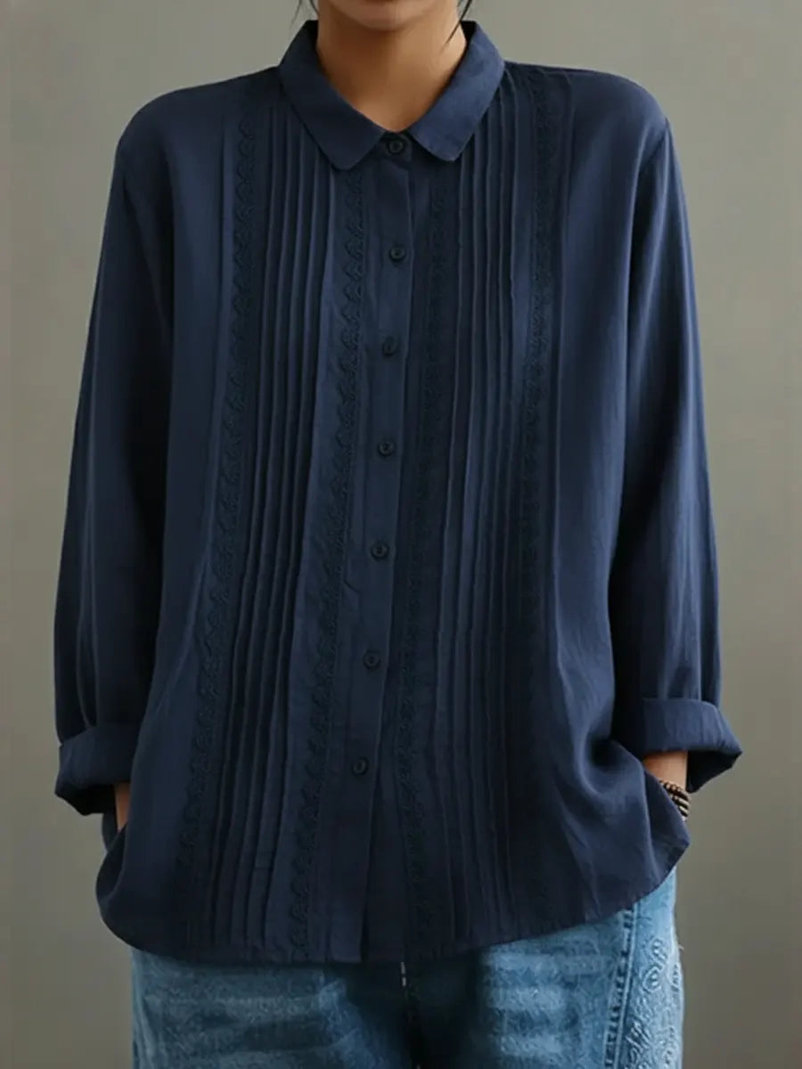 Women's Patchwork Lace Trim Linen And Cotton Pleated Shirt
