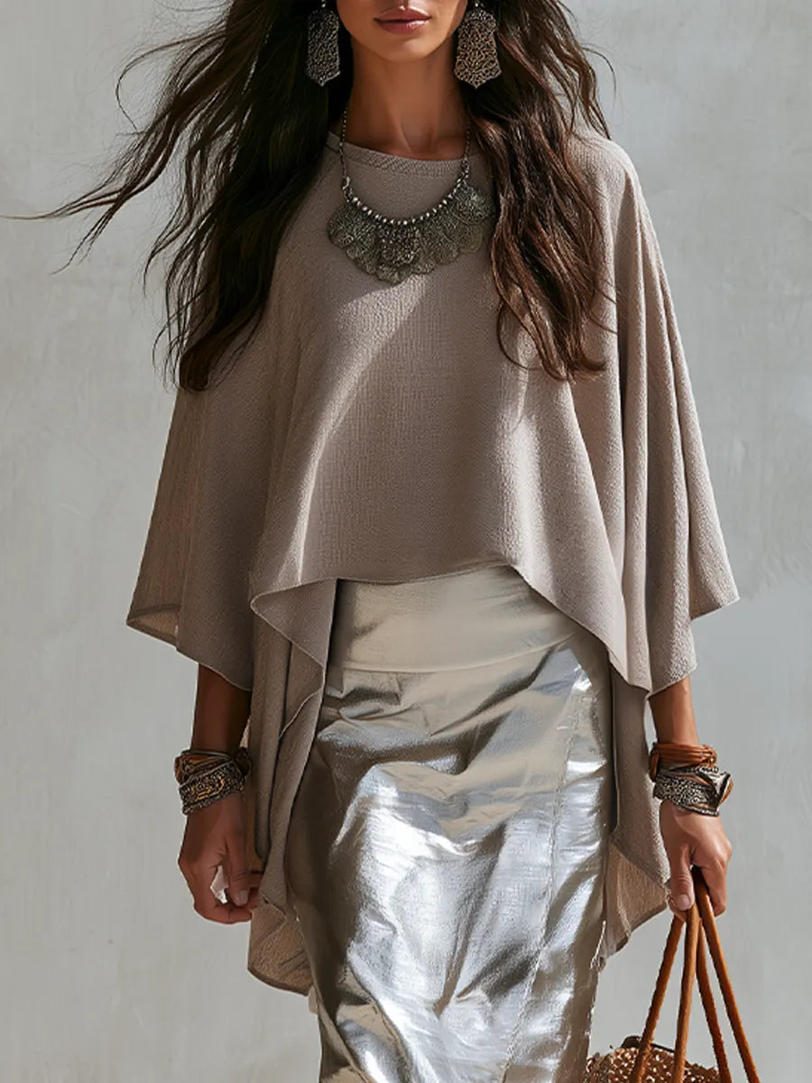 Sophisticated Taupe Draped Cape Top & Skirt Set