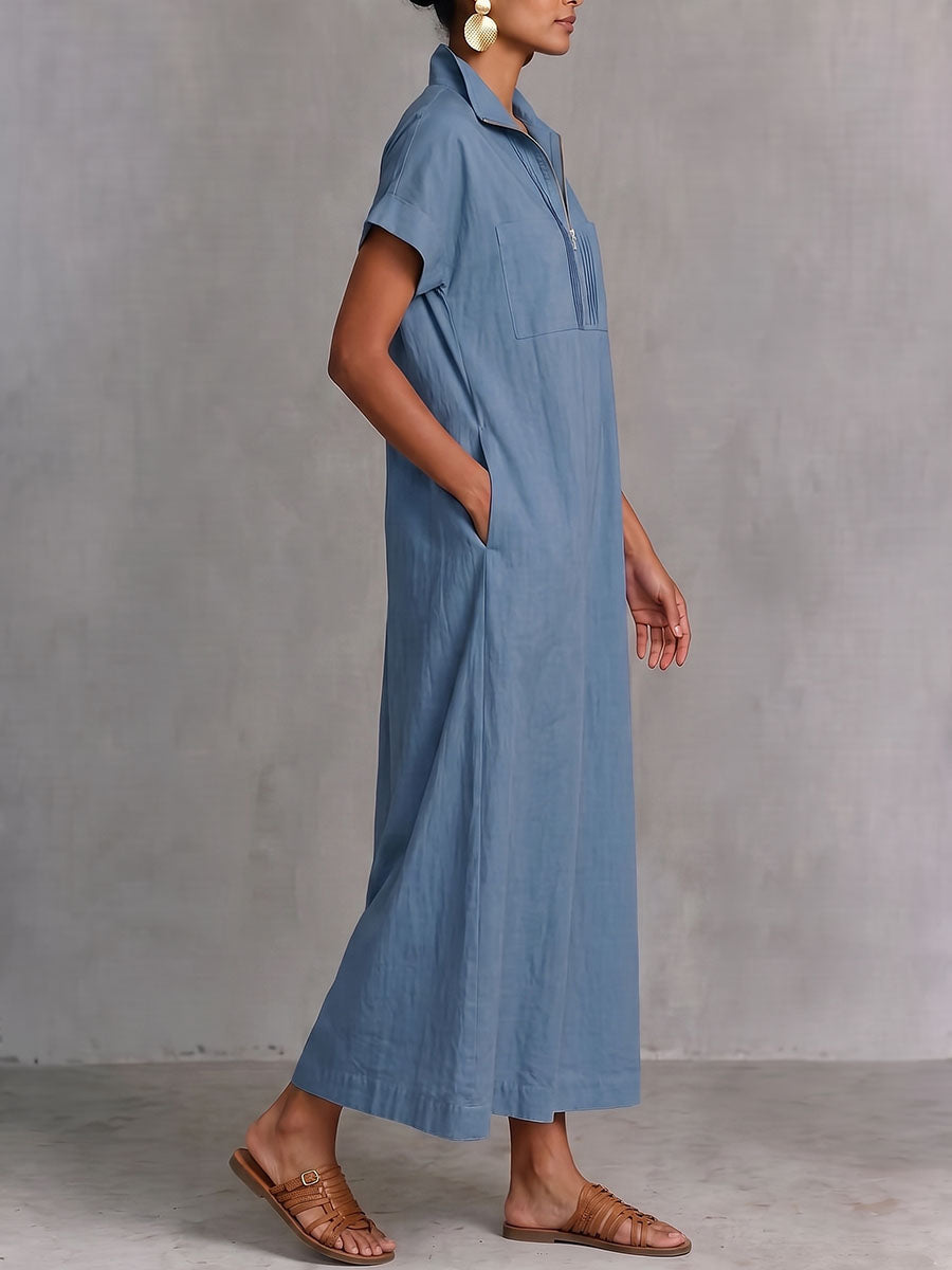 Zipper Solid Color Pockets Sleeveless High Waisted V-neck Maxi Dresses