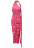 Halter Sparkly Ruched Maxi Two Piece Dress Hot Pink