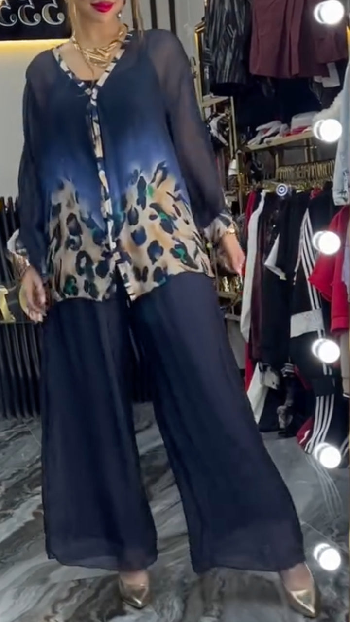 Gradient Leopard Print Chiffon Shirt & Wide Leg Pants Two Piece Se