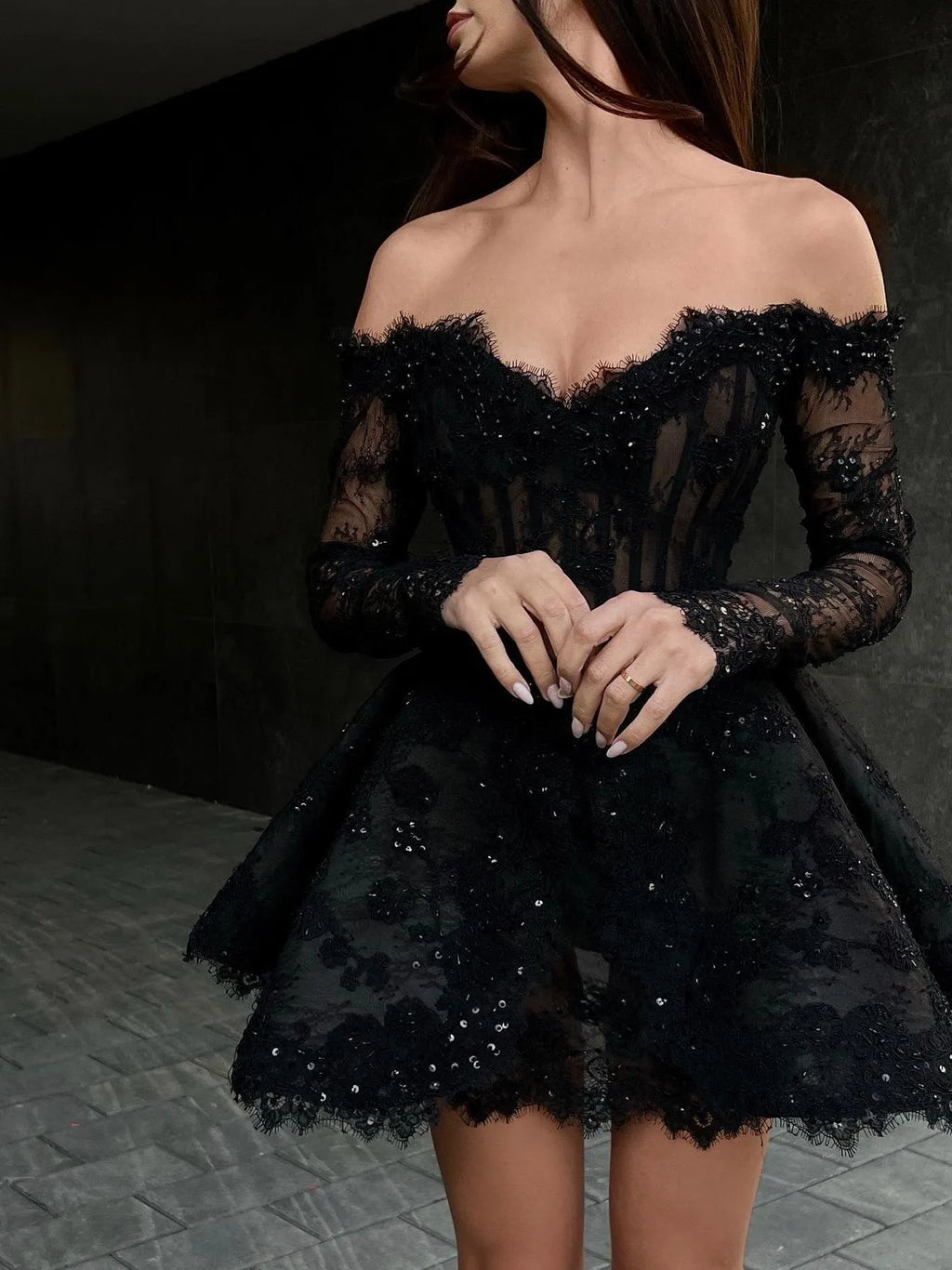 Sexy Off-the-shoulder Long Sleeves Black Mesh Mini Party Dress