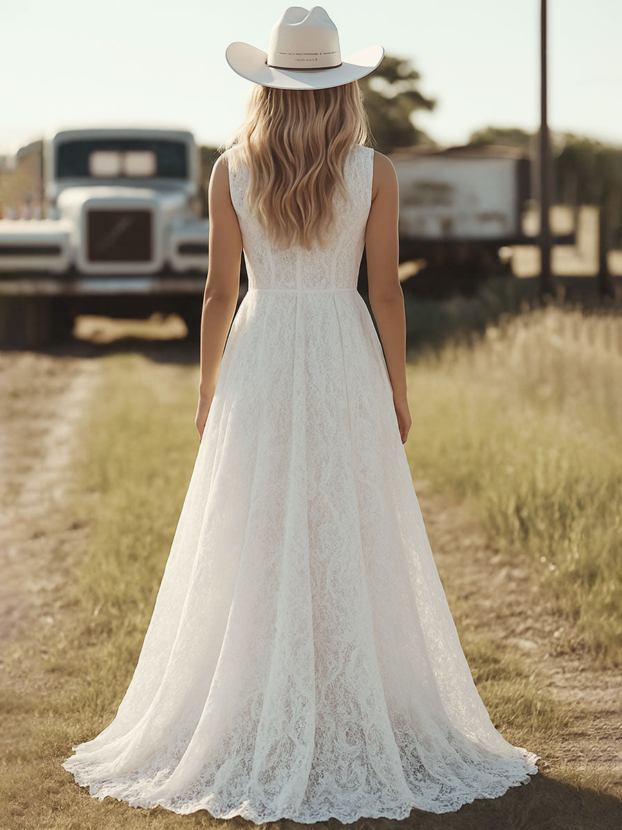 [24-hour shipping out]Western Retro White Lace Sleeveless Irregular Skirt Dress Maxi Dress