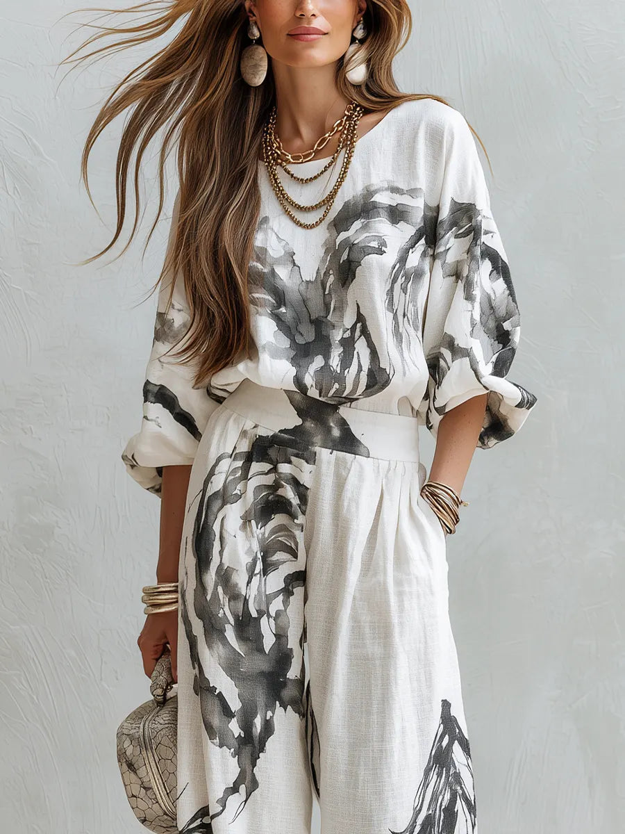 Bohemian Style Abstract Print Top And Wide Leg Pants Set