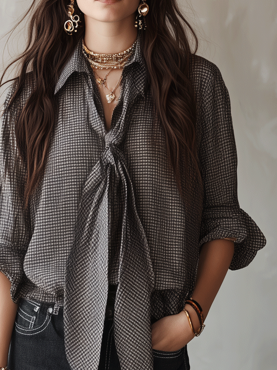 Effortless Chic Chiffon Micro-Check Tie-Front Black & White Blouse