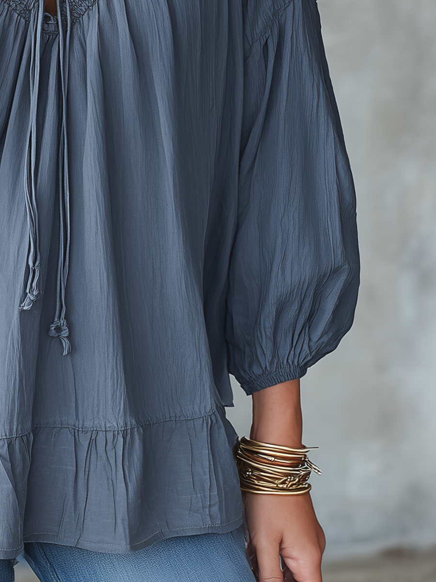 Relaxed Slate Blue Smocked Blouse