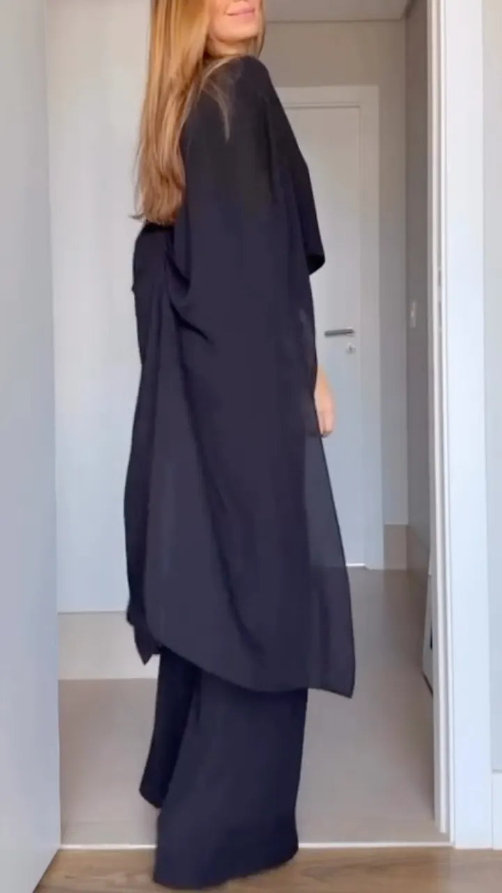 Black Cape Sleeve Draped Top Wide Leg Pants Set