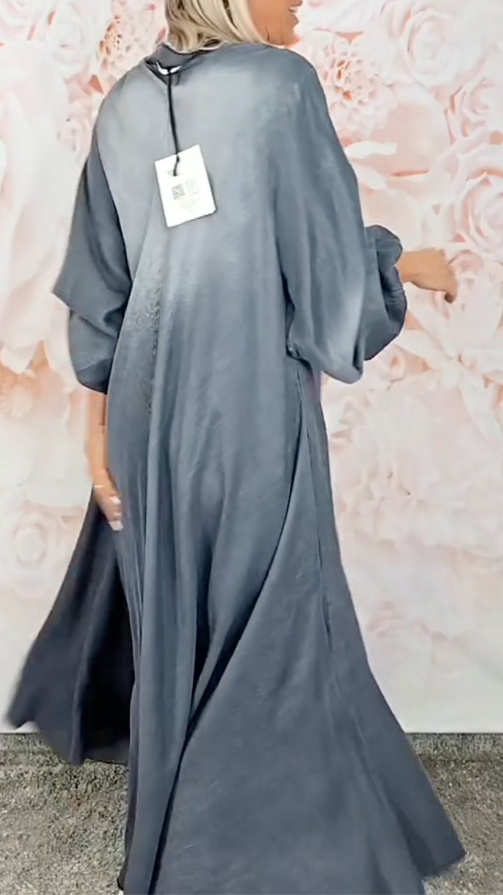 V-Neck, Batwing-Sleeve, Loose-Fit Denim Dress with Flared Hem