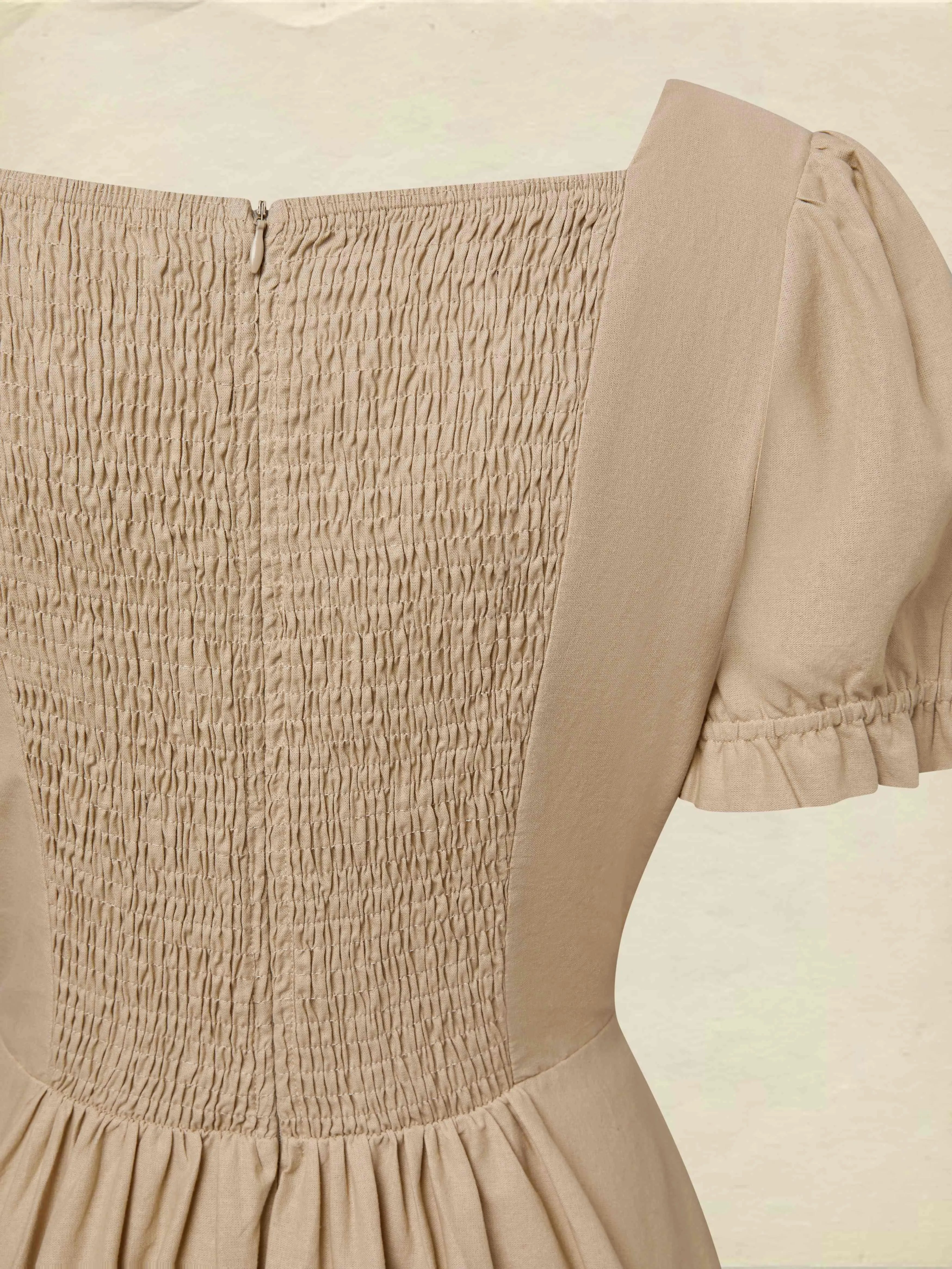 Maxi Cotton Dress, Short Sleeves, V Neck, Plain, Lace, French Vintage, Brown