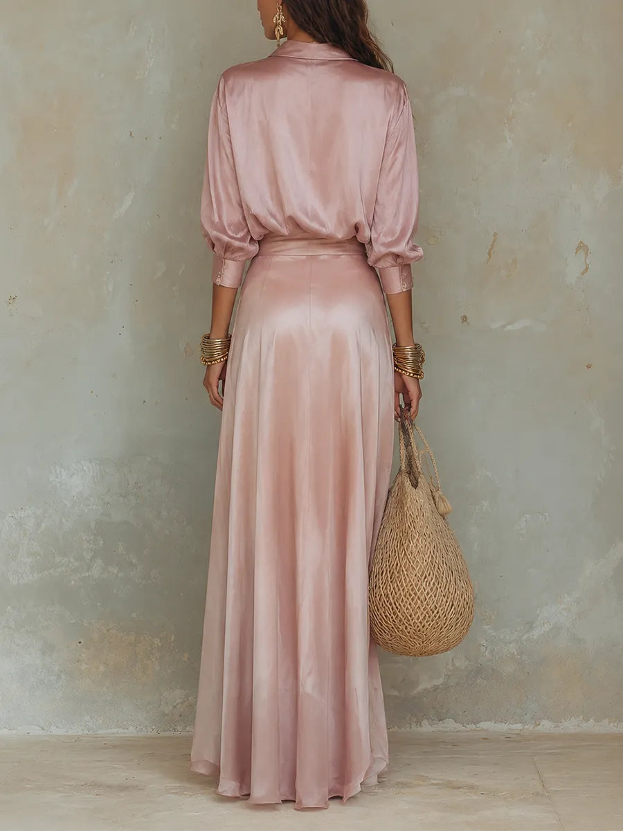 Rose-Lustre Satin Set — Modern Resort-Style Maxi Dress