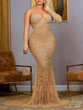 Sexy Slim Sequined Long Sleeve See-Through Gold Evening Maxi Dress