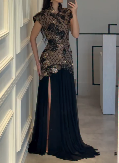 Black Stand Collar Gold Leaf Rhinestone Mesh Split Maxi Evening Dress Formal Party Gown