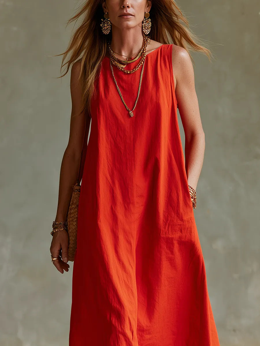 Bohemian Cotton Linen Red Maxi Dress
