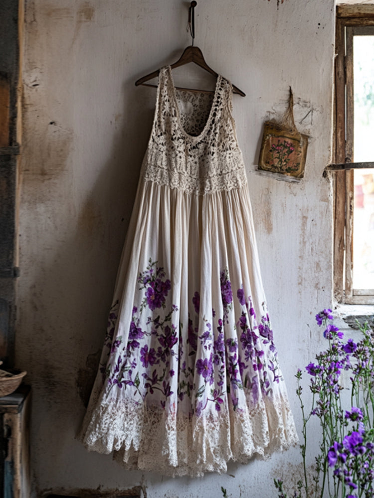 Boho Lavender Embroidered Lace Linen Dress