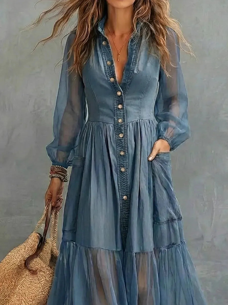 Women's Retro Lapel Denim Organza Patchwork Art Casual Maxi Dress