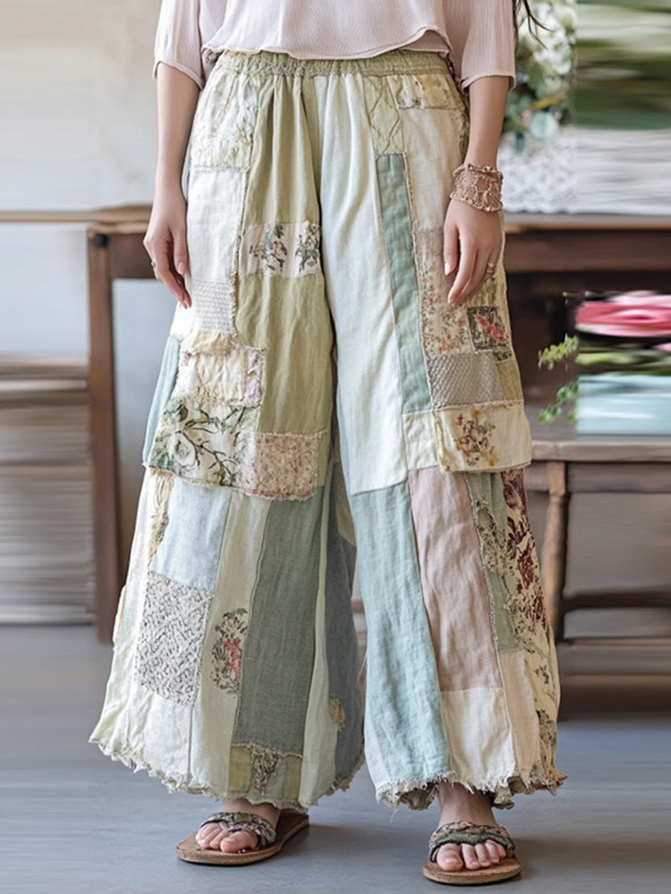 Vintage Floral Embroidered Patchwork Linen Blend Casual Pants