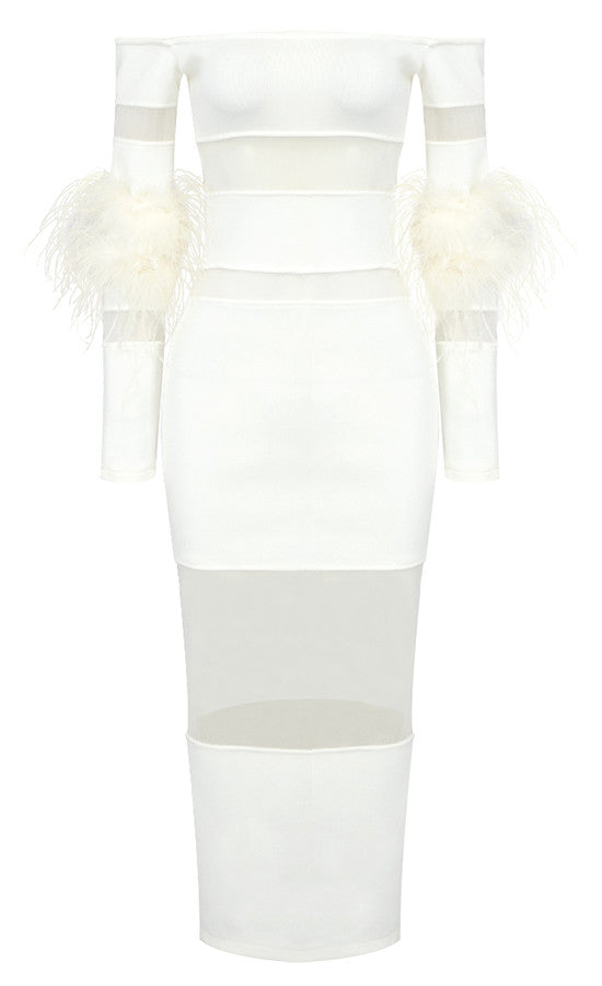 Feather Long Sleeve Off Shoulder Midi Dress White