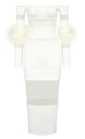 Feather Long Sleeve Off Shoulder Midi Dress White