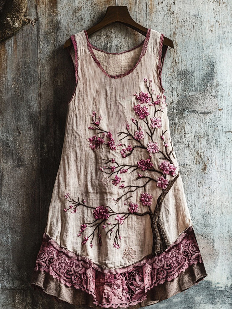 Women's Cherry Blossom Embroidery Art Linen Tank Dress
