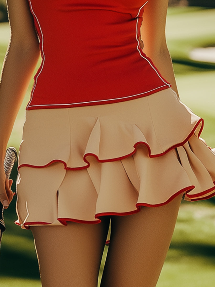 [24-hour shipping out]Romantic Ruffle Panel Sleeveless Red Golf Mini Dress