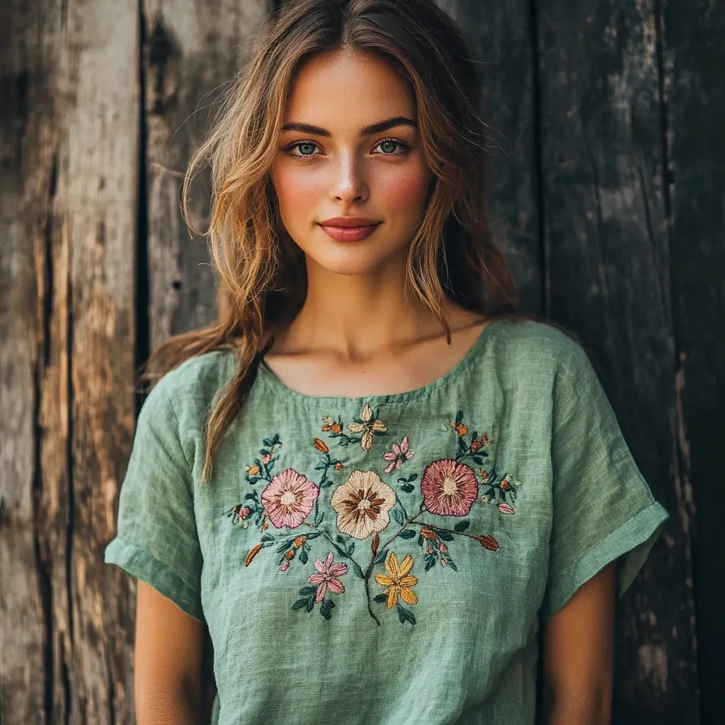 Boho Ethnic Floral Embroidery Women's Linen T-shirt