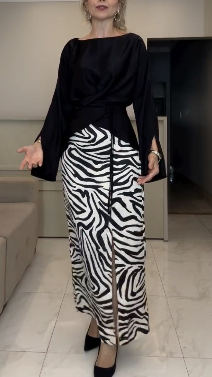 Black Satin Blouse with Zebra Print Maxi Skirt Set
