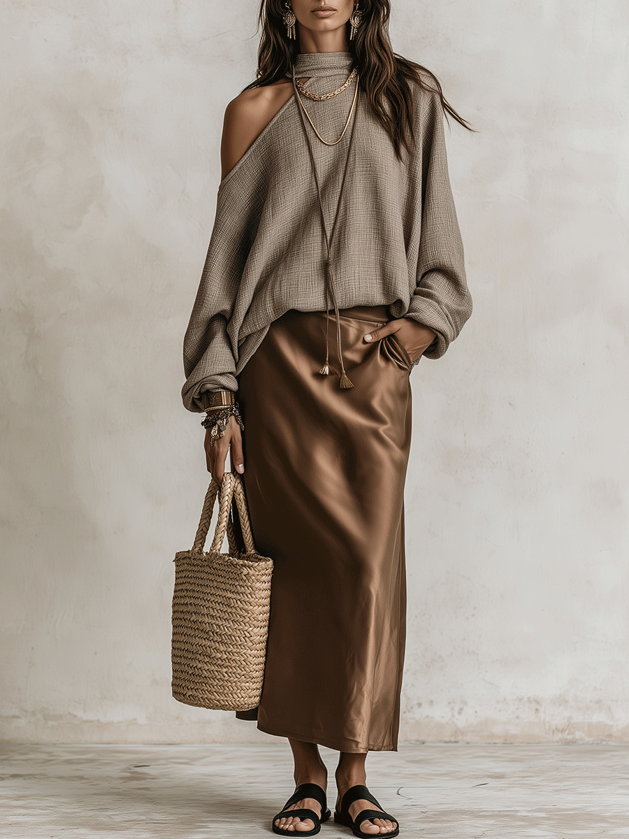 Effortless Chic Taupe Knit Sweater & Brown Satin Maxi Skirt Set