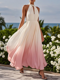 Pink Chiffon Halter Ombre Imitation Pearls Cut Out Sleeveless A-Line Mock Neck Maxi Dress