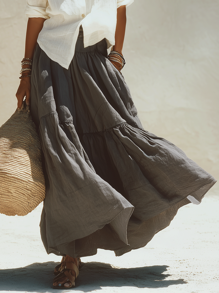 Relaxed Elegance Linen Shirt And Flowing Maxi Skirt