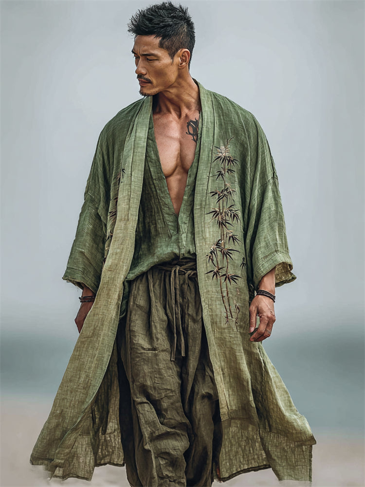 Men's Japanese Bamboo Gradient Flowy Linen Long Kimono