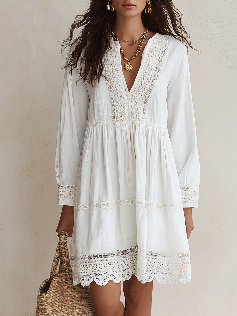 Effortless White Crochet Detailed V-Neck Mini Dress