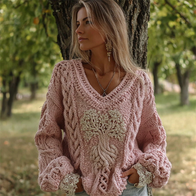 Vintage Pink Tree Of Life V Neck Cozy Cable Knit Sweater