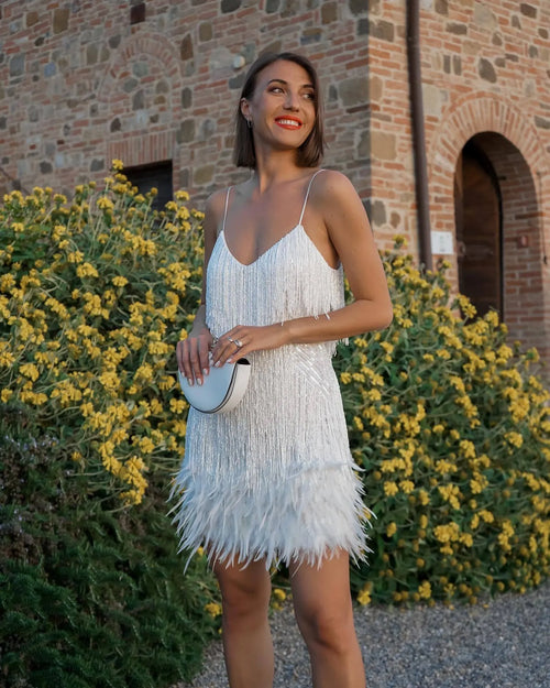Austyn Tassel Feather Mini Dress In White/Yellow