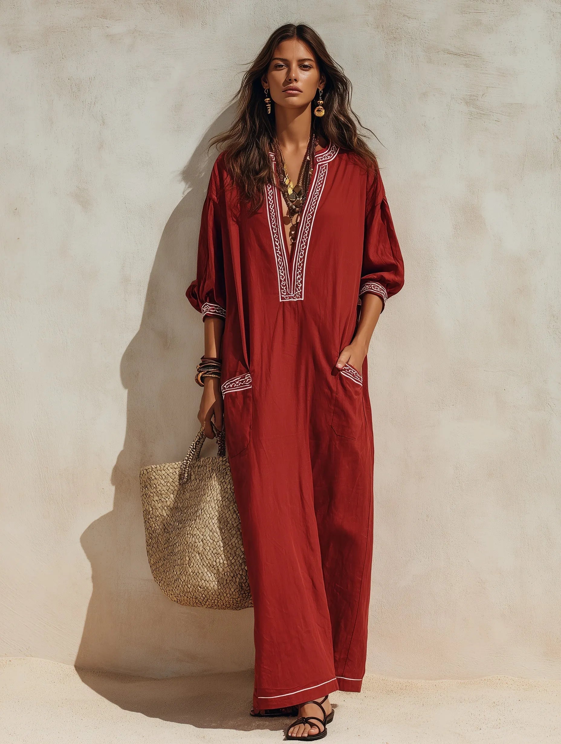 Ethnic Resort Linen Contrast-Trim Pocket Loose Brick Red Peasant Maxi Dress