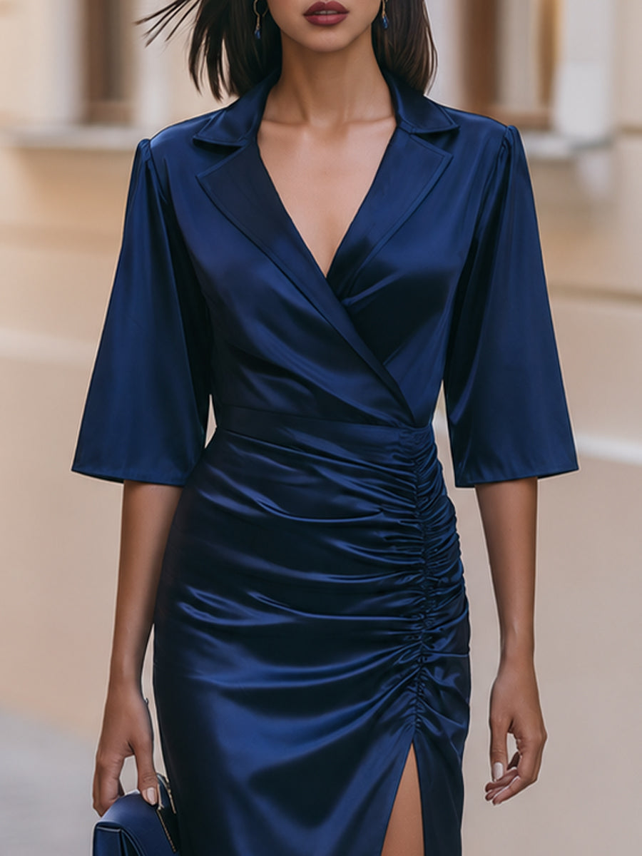 Notched Lapel Wrap V Neck Ruched Side Slit Midi Dress