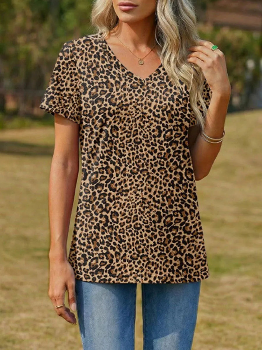 Women's Leopard Print V-neck T-shirt