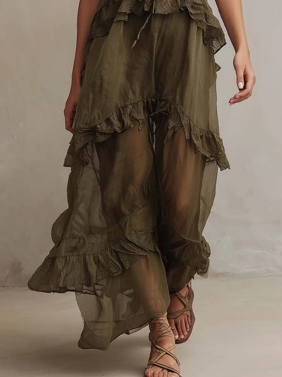 Ruffled Spaghetti-strap Midi Dress