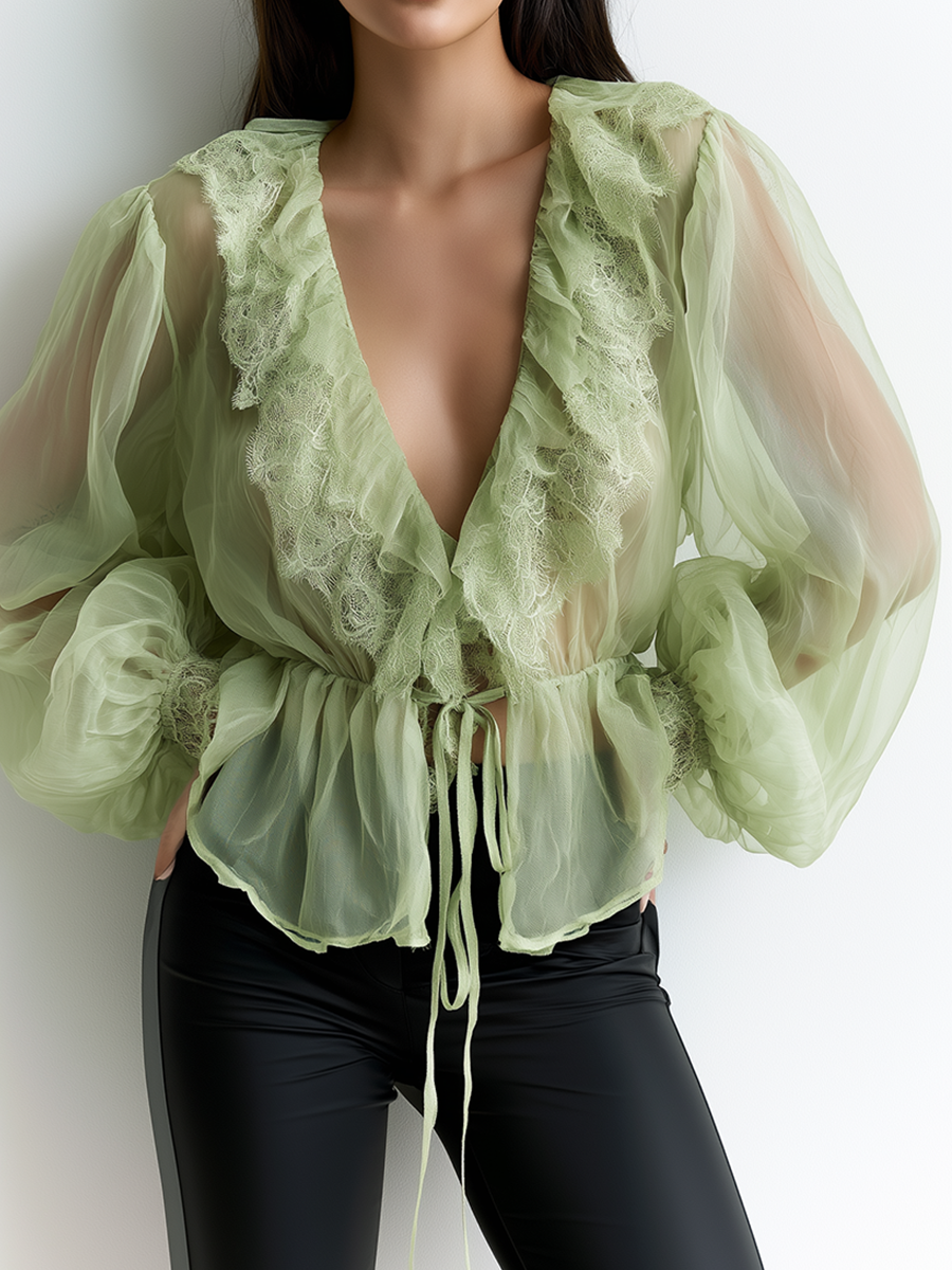 Elegant Organza Deep V-Neck Ruffled Slimming Top