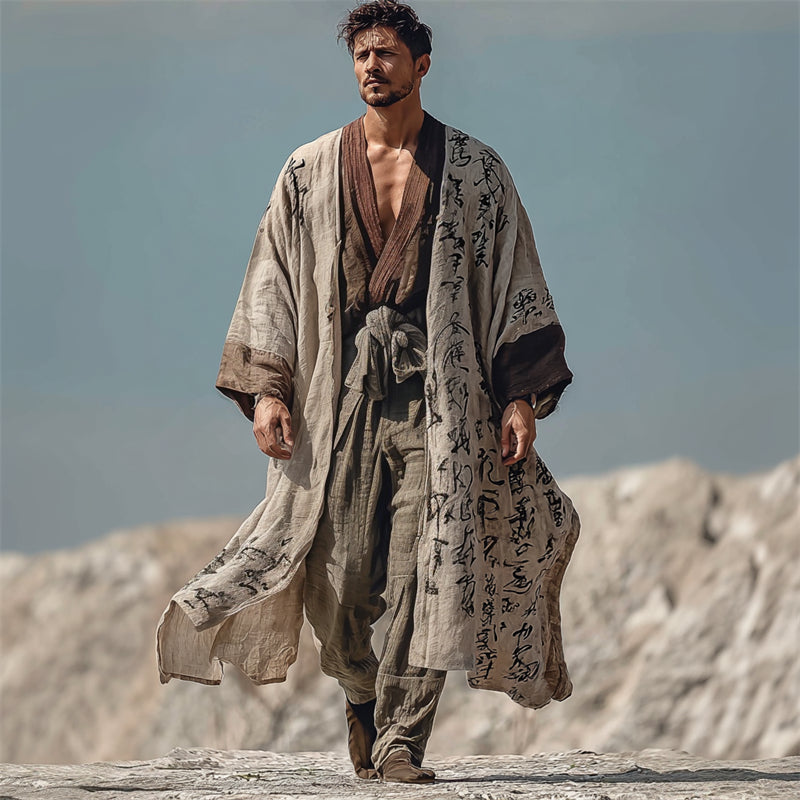 Men's Vintage Japanese Calligraphy Flowy Long Linen Kimono