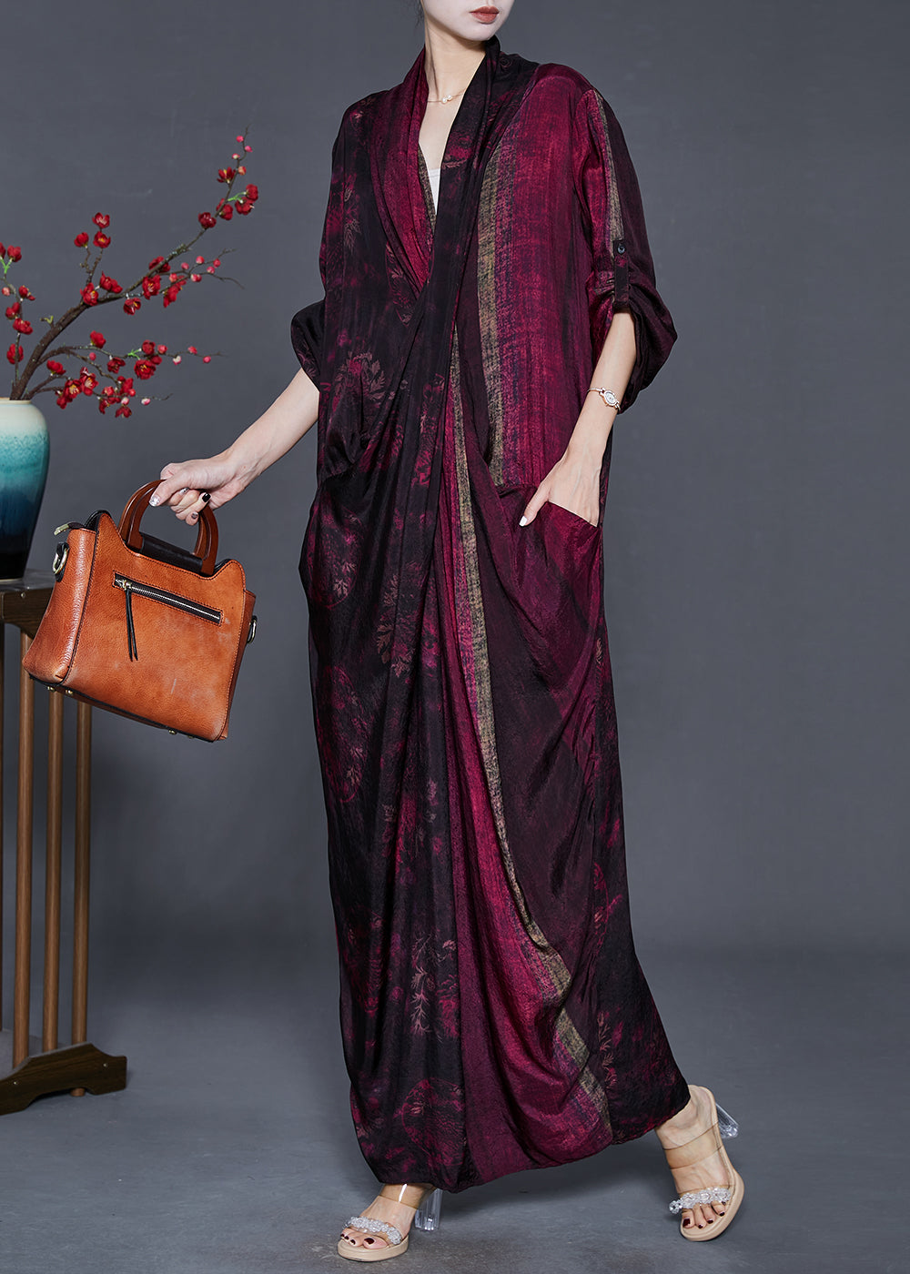 French Black Red Asymmetrical Print Silk Long Dresses Spring