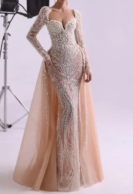 Champagne Gold Radial Rhinestone Long-Sleeve Maxi Dress