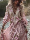 Boho Glitter Pink Roses Lace Gradient Flowy Linen Maxi Dress