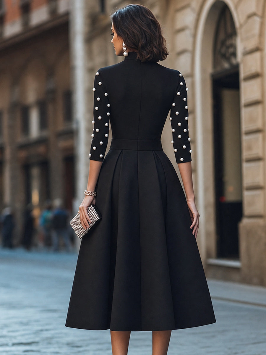 Pearl Embellished Sleeve Mock Neck Midi Dress