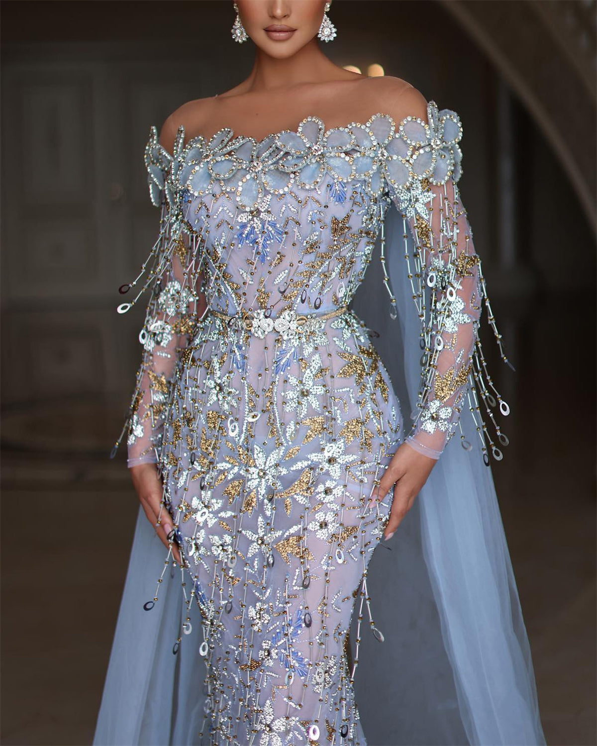 Women's Off Shoulder Blue Embroidery Evening Dress